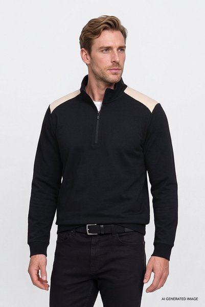 AC&Co / Altınyıldız Classics Erkek Siyah 2 İplik Standart Fit Normal Kesim Bato Yaka Sweatshirt