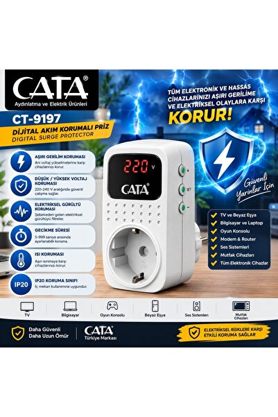 Cata CT-9197 Dijital Akım Korumalı Priz 4000W 16A 150-280V Ayarlanabilir Volt...
