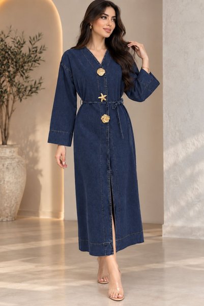 HİRAMİR Kadın Kuşaklı Gold Broş Detaylı Yırtmaçlı Oversize Denim Kimono KS2625