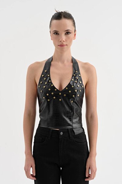 tw3 Women's Leather Neck Strap Corset with Metal Troc Detail