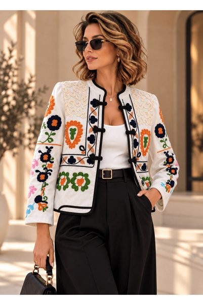 Defne Silver Embroidered Italian Style Bohemian Colorful Jacket