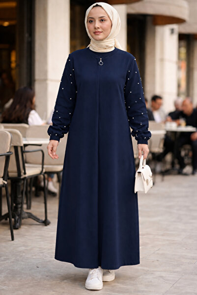 OKTAYUSTA COLLECTİON Pearl Stone Detailed Daily Full Length Hidden Zipper Coat Navy Blue