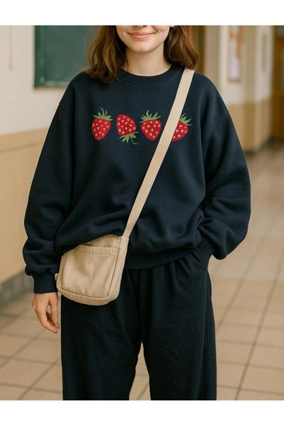 Hepsi Moda Strawberry Themed Three-Thread Sweatshirt - Navy Blue