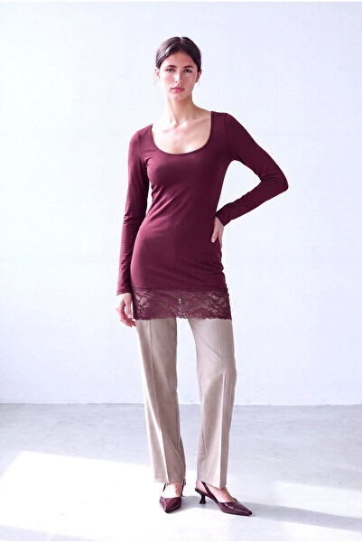 WESTMARK LONDON Women's Burgundy Cotton Square Neck Long Sleeve Skirt Lace De...