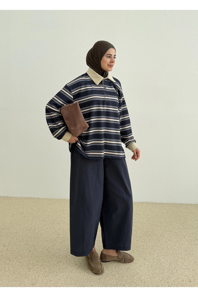 MODA AKSA POLO YAKA CİZGİLİ SWEAT LACİVERT