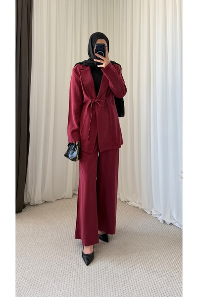 Hepsi Moda Tied Jacket and Trousers Set - 2265 - Claret Red