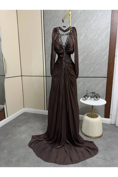 maria fashion فستان بني كرنكل مطرز