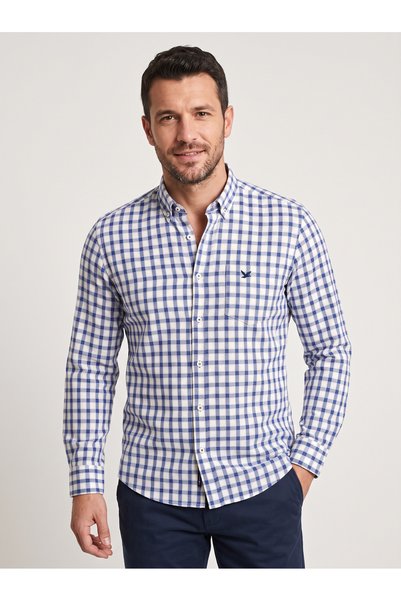 Dorss Men's Blue and White Plaid Long Sleeve Regular Fit Shirt with Pockets