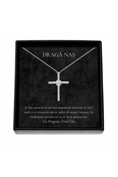 OEM Cadou pentru Naș – Colier „Cruce cu Cristale”, Cutie Neagră și Card cu Mesaj