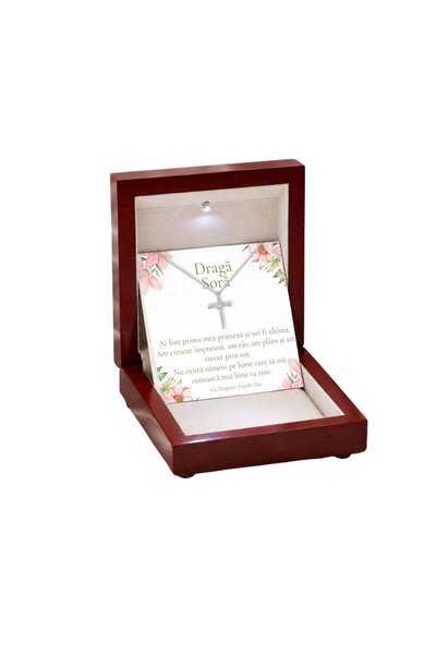 OEM Cadou pentru Soră de la Frate – Colier „Cruce cu Cristale”, Cutie de Lemn...