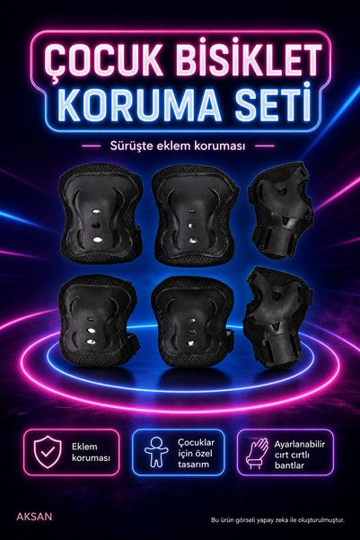 AKSAN Çocuk Bisiklet Koruma Seti - Siyah Renkli Dizlik Ve Dirseklik İle Sürüş...