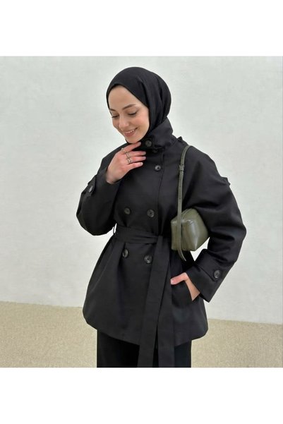 blondish Siyah Kısa Kruvaze Dik Yaka Kemerli Düğmeli Trençkot