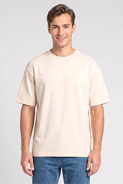 Common People Men Crew Neck Short Sleeve Solid T-Shirt, Cream