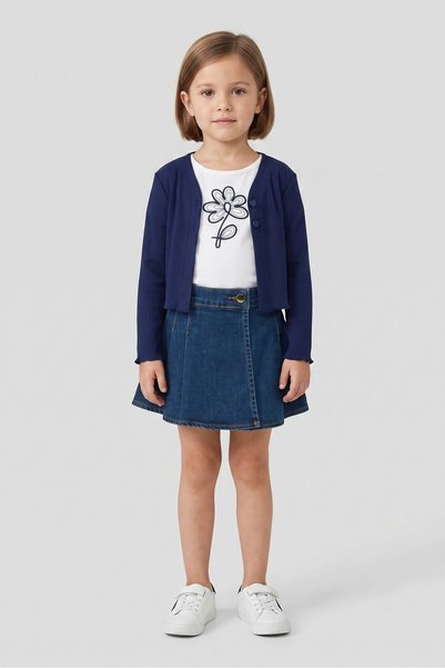 Badgley Mischka Kids Girl 3 Pcs Ribbed Top And Cardigan With Skort Set, Multi...
