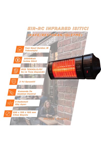 Elcon EIR RC 2000 Watt IP55 Suya Dayanıklı Duvar Tipi Infrared Isıtıcı - Kafe, Balkon ve Dış Mekan Uyumlu