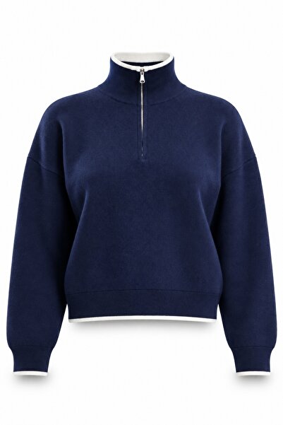 5in1Canpolat Navy Blue Piping Transitional Stand Collar Sweater 24255