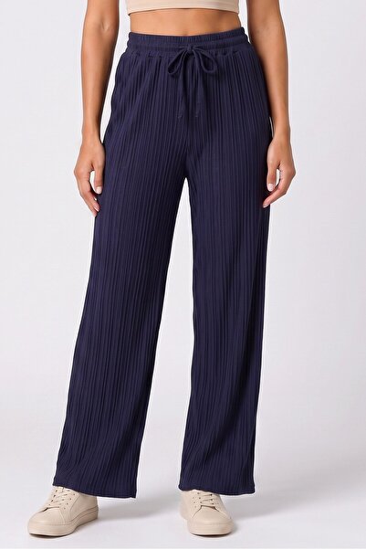 QED London Women Regular Fit Textured Wide Leg Pants, Navy Blue