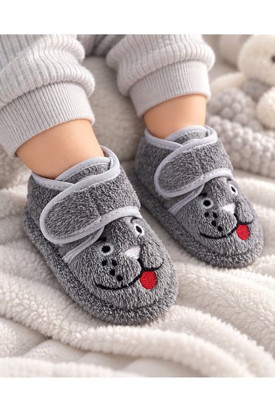 Beyza shoes Bebek Peluş Panduf Cırt Cırtlı Hayvan Figürlü Sıcacık Ev Ayakkabısı