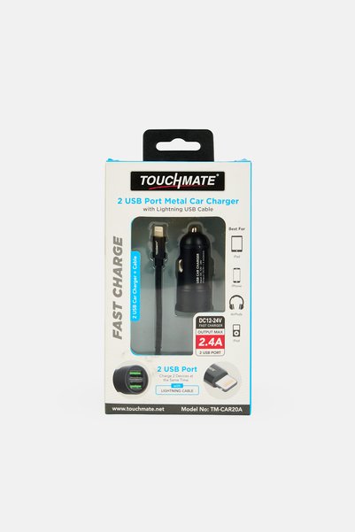 TOUCHMATE 2 USB Port Metal Car Charger With Lighting USB Cable, Black