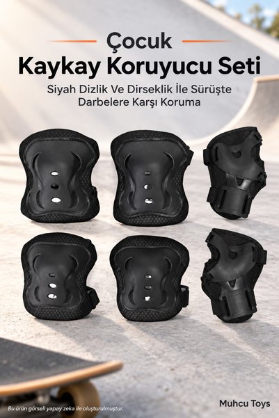 Muhcu Toys Çocuk Kaykay Koruyucu Seti - Siyah Dizlik Ve Dirseklik İle Sürüşte...