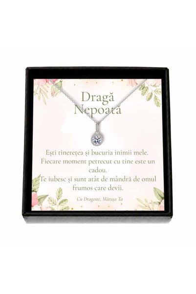 OEM Cadou pentru Nepoată de la Mătușă – Colier „Cristal Rotund”, Cutie Neagră...