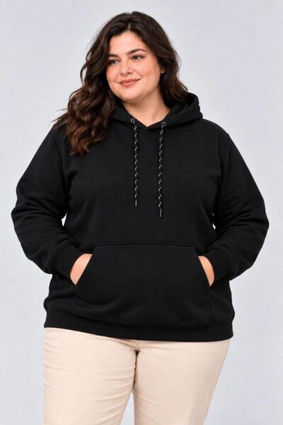Generic Brand Women's Oversized Three-Thread Ribbed Hooded Kangaroo Pocket Wi...