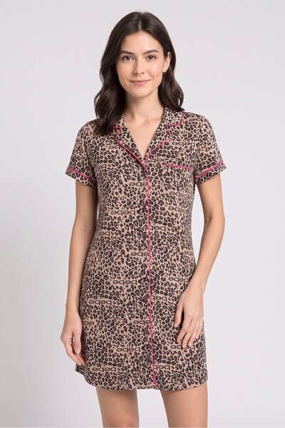 Bebe Women Spread Collar Short Sleeve Sleepwear Dress, Multicolor