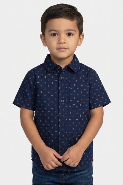 The Children's Place Kids Boy Allover Print Short Sleeve Casual Shirt, Navy
