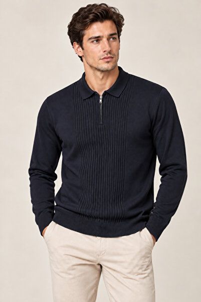Tarz Cool Erkek Polo Yaka Yarım Fermuarlı Önü Fitilli Slim Fit Akrilik Pamuk ...