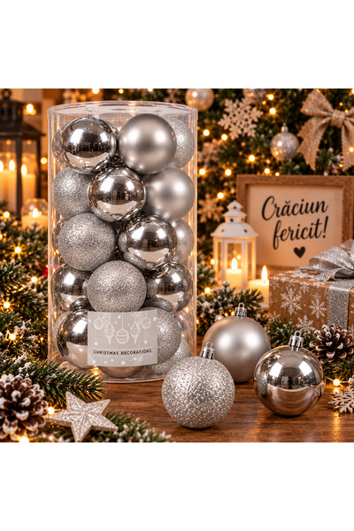 MyOfficeShop Set de globuri de Crăciun, 20 de bucăți, 3 modele, 4 cm, argintiu