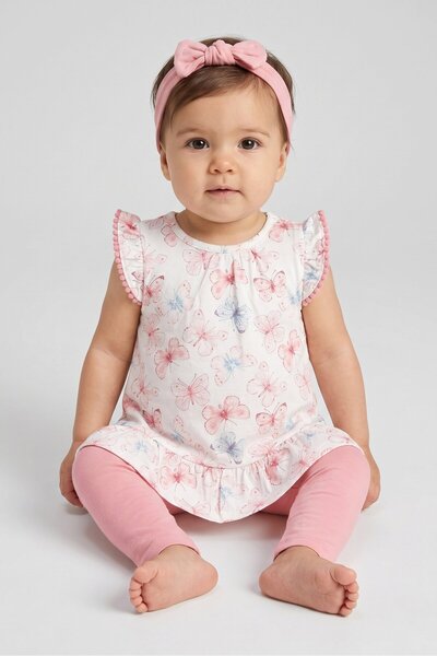 RENE ROFE Toddlers Girl 3 Pieces Graphic Print Dress And Pants With Headband ...