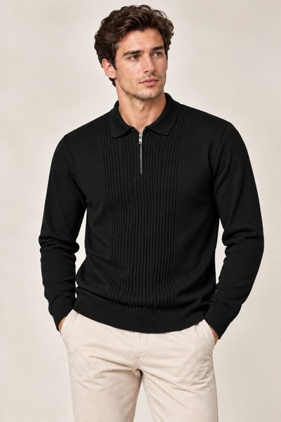 Tarz Cool Men's Polo Collar Half Zipper Ribbed Front Slim Fit Acrylic Cotton ...