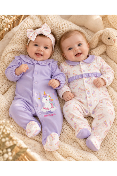 OMECA Concept Kız Bebek Unicorn Desenli 3'lü Tulum Seti – Lila ve Ekru Çıtçıt...