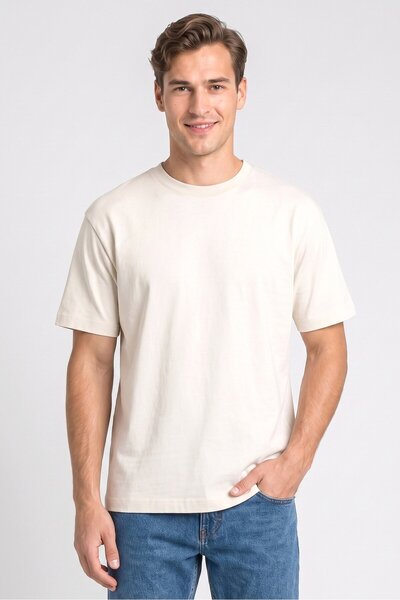 Denim & Flower Men Crew Neck Short Sleeve Plain T-shirt, Ivory