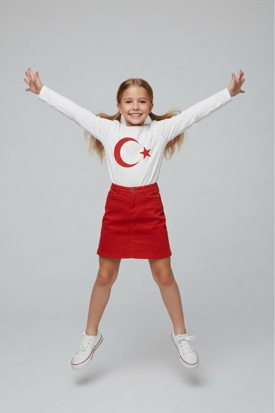 NACAR STORE Girl's Moon Star Flag Printed Long Sleeve T-Shirt and Linen Skirt Set 23 April 29 October -Special Holidays