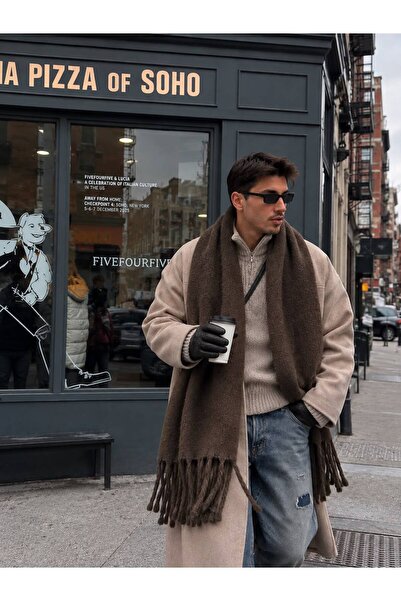 sf collection Men's Scarf Kaşkol Solid Color Soft Textured Oversized Winter Woven Scarf with Tassels