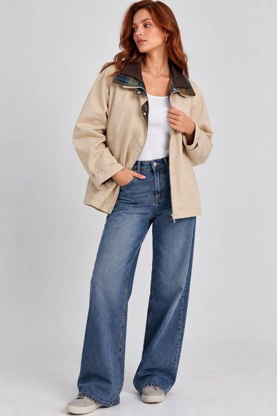 Qaju Women's Beige Plaid Collar Detailed Zippered Oversize Seasonal Jacket