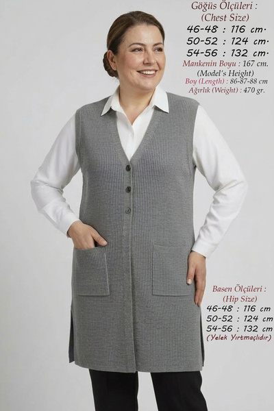 Elvin Women's Knitwear Thick Plus Size Mother's Long Winter Vest 88 cm Slit R...