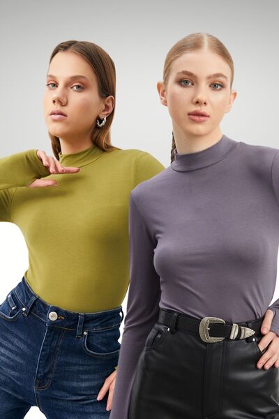 Hiccup Bipantolon Women's 2-Piece Cut Out Detailed Half Turtleneck Bodysuit
