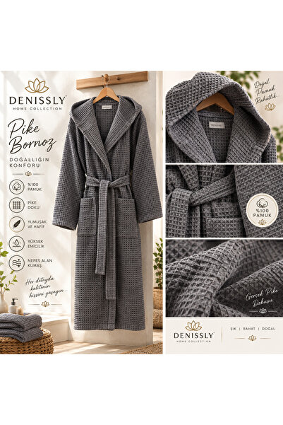 Denissly %100 Pamuk Waffle Pike Kapüşonlu Bornoz – Kemerli 2 Cepli