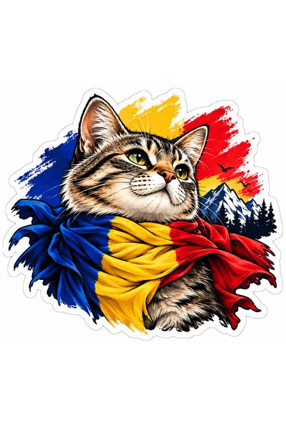 Oracal Autocolant Pisică România – Tricolorul Roman cu Munți și Peisaj - 15cm