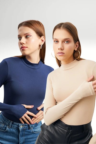 Hiccup Bipantolon Women's 2-Piece Cut Out Detailed Half Turtleneck Bodysuit