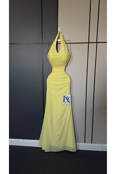 Generic Brand Lemon Mermaid Crystal Beaded Evening Dress