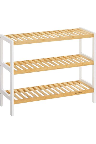 SONGMICS Raft de depozitare din bambus, cu 3 niveluri, 26x70x55cm, alb și maro