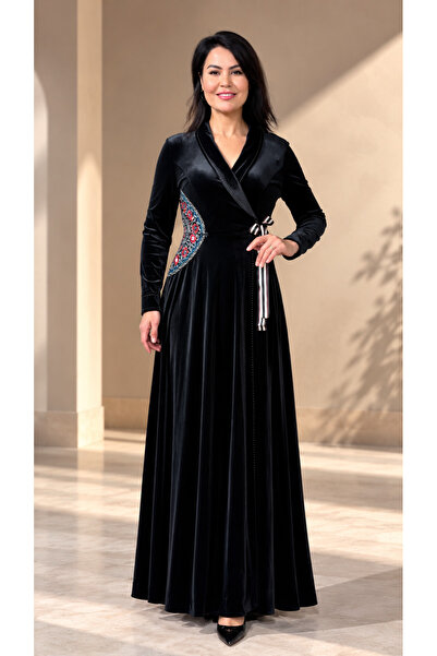 DAWN LİNE Women's Embroidery Detailed Double-Breasted Velvet Long Dress – Belted, Pocketed, Long Sleeve, Flared