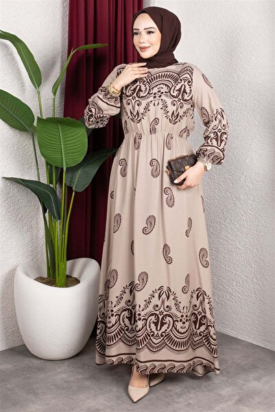 Mestore Elastic Waist Viscose Dress Beige