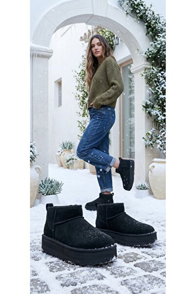 Demashoes Cizme mini Ug din piele intoarsa neagra, cu blana pe interior, talp...