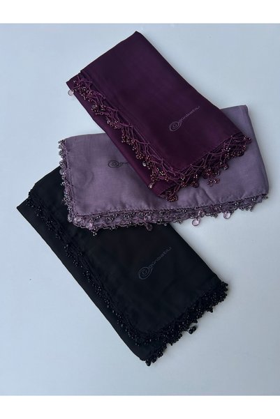 GÜNBATILI 3Pcs Handcrafted Hand Embroidered Solid Color Scarf Beaded Writing Yemenite Dowry Gift 100X100Cm