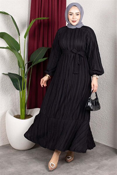 Mestore Ruffled Skirt Belted Dress Black