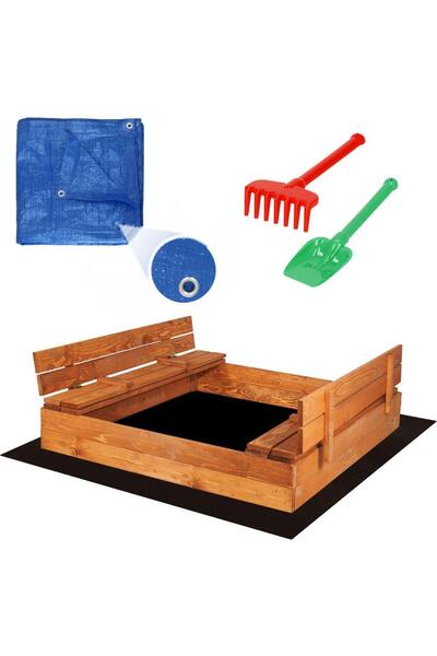 MyOfficeShop Nisipă de joacă din lemn cu 2 bănci, 120x120cm